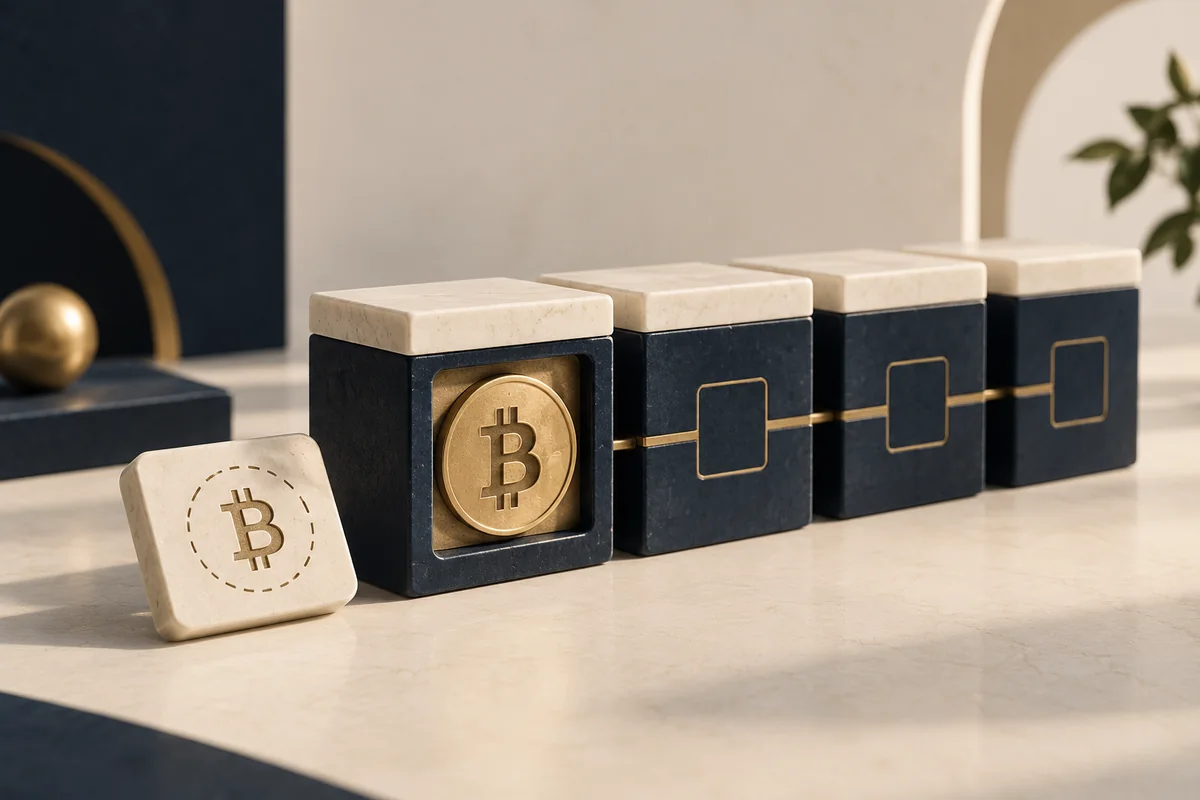 Conceptual illustration of successive Bitcoin blocks and a transaction record.