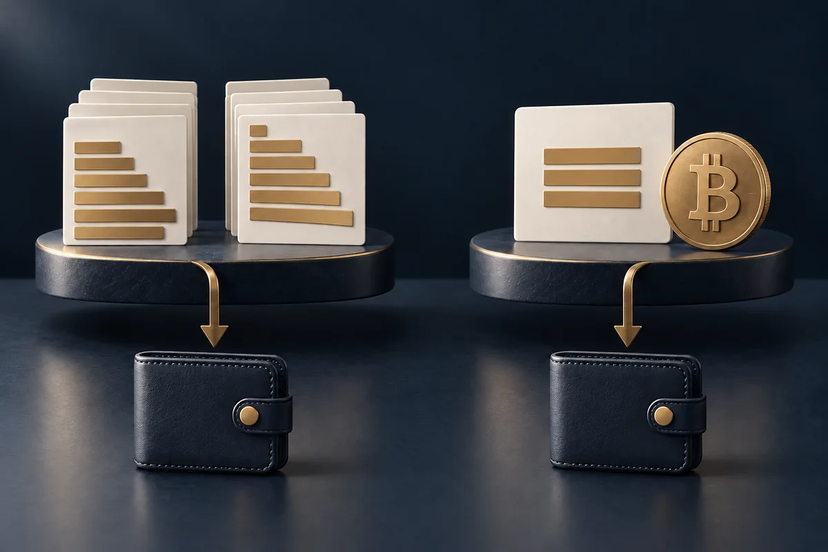 Conceptual illustration comparing order-book cards and a quoted Bitcoin purchase with separate wallets.