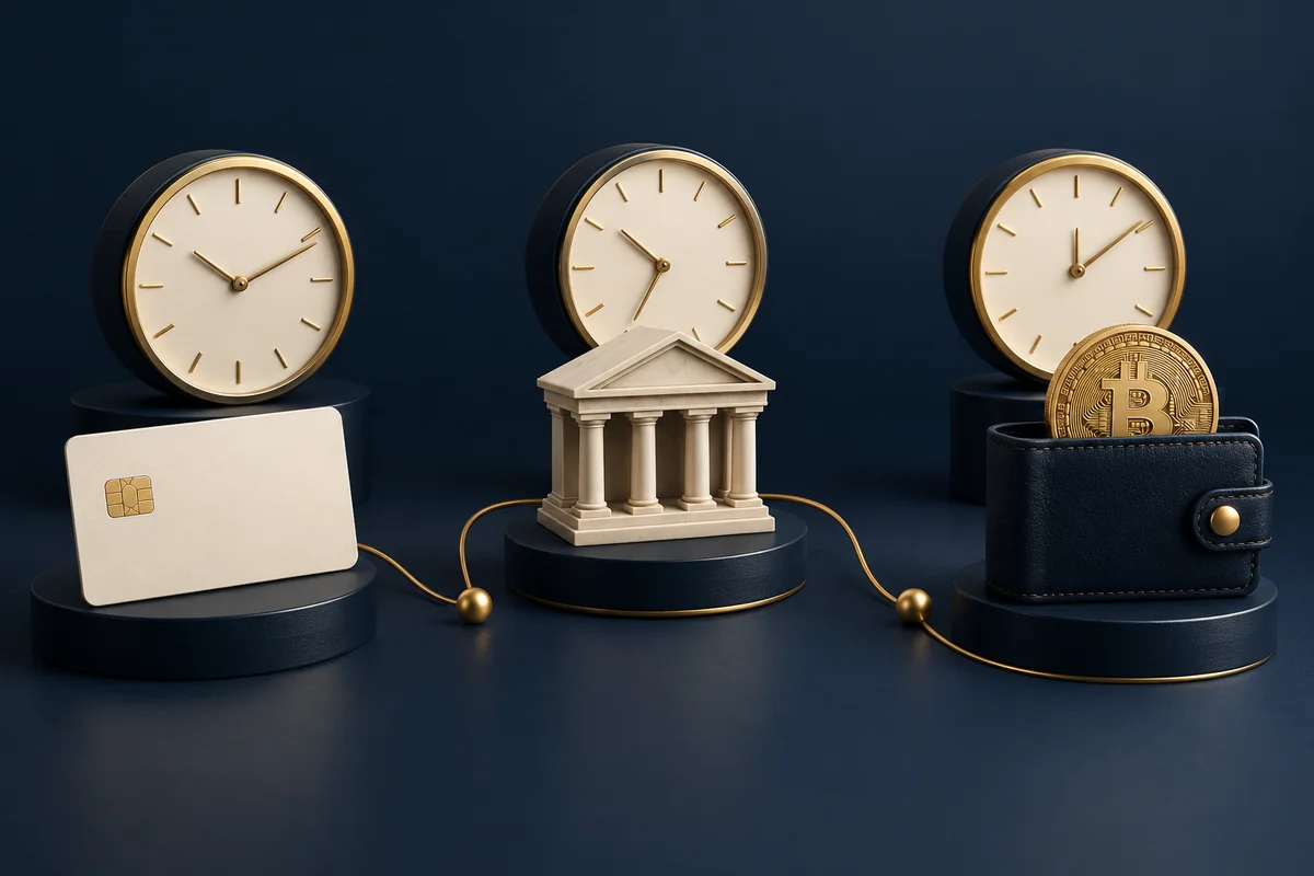 Conceptual illustration of clocks beside a payment card, bank and Bitcoin wallet.