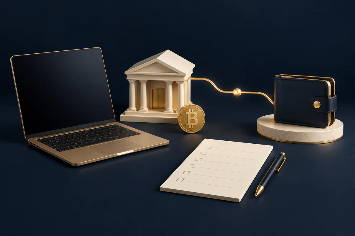 Conceptual illustration of online banking, a bank-wire checklist and a Bitcoin receiving wallet.