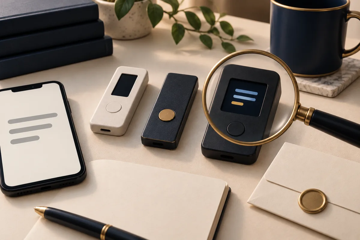 Conceptual illustration of unbranded hardware signing devices, a phone, a magnifying lens and a sealed backup envelope.