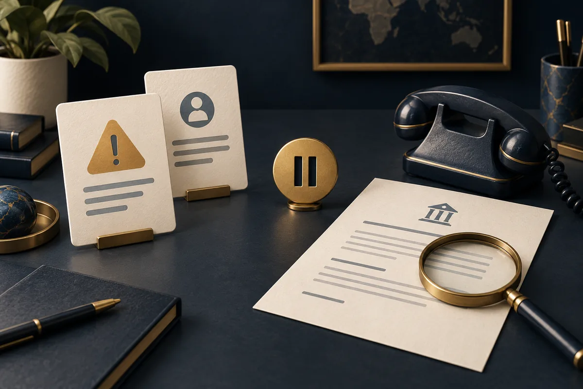 Conceptual illustration of message cards, a pause symbol and a telephone beside a bank-instruction sheet.