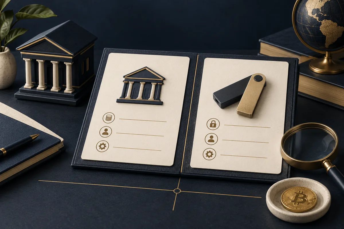 Conceptual illustration of a comparison folio beside a bank model and an unbranded signing device.