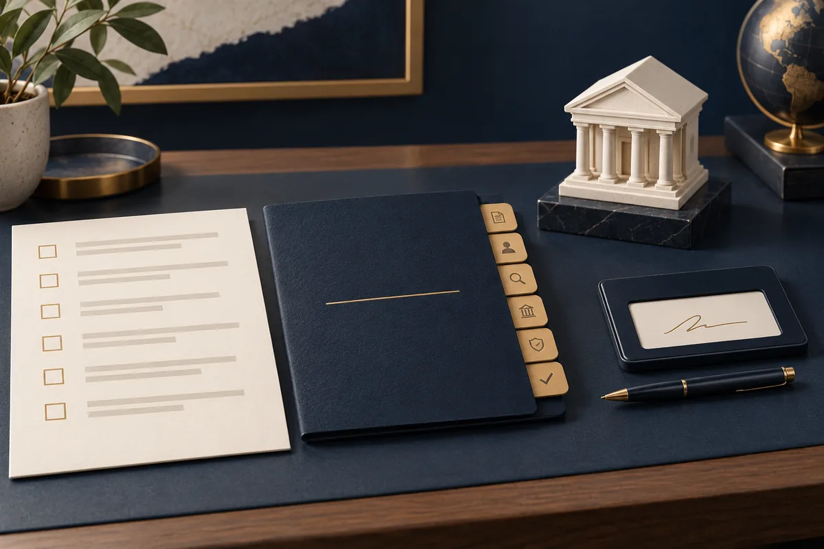 Conceptual illustration of a wire-purchase preparation kit with a checklist, folder, bank model and signing device.
