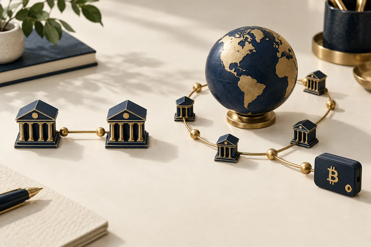 Conceptual illustration comparing a short bank connection with a route through several banks around a globe.