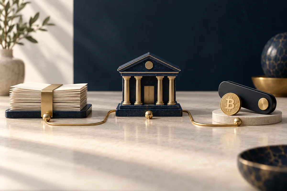 Conceptual illustration of brokerage records, a bank model and a Bitcoin receiving wallet.