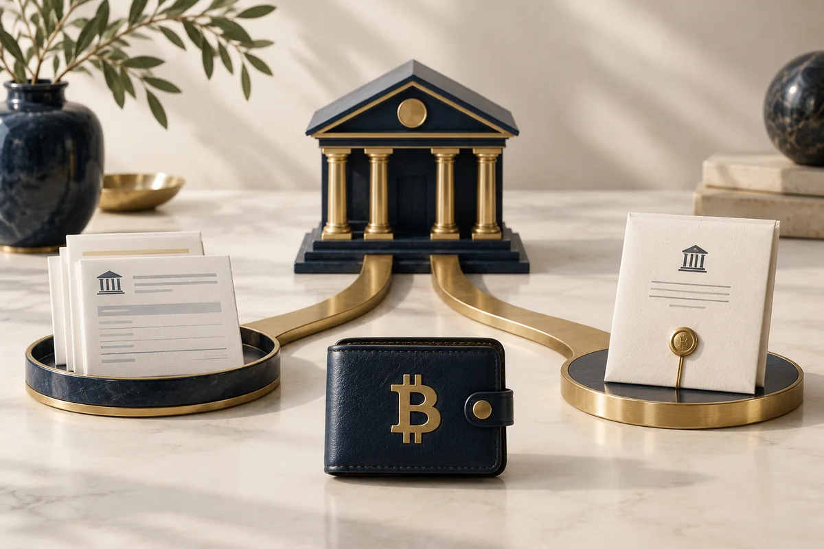 Conceptual illustration of grouped bank-payment slips and a single wire instruction beside a bank and Bitcoin wallet.