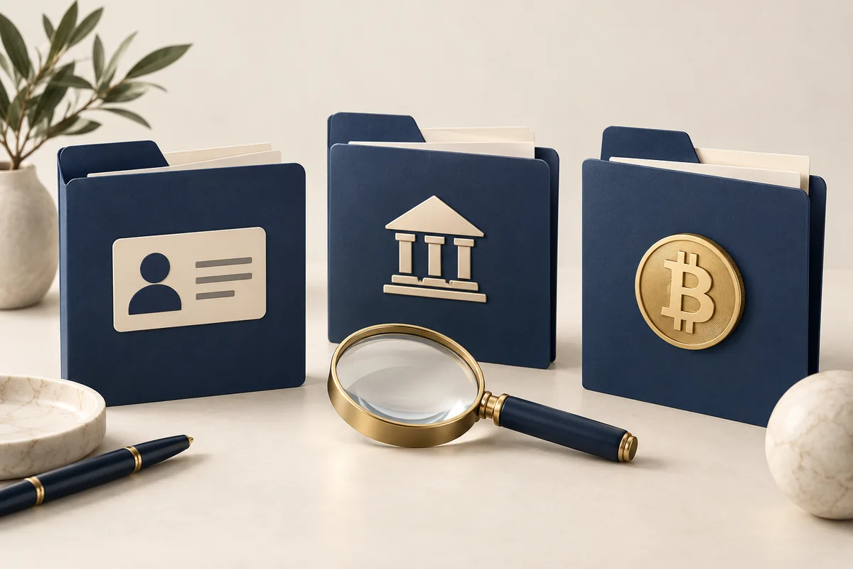 Conceptual illustration of separate identity, bank-ownership and Bitcoin purchase folders.