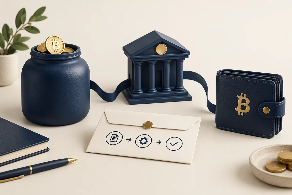 Conceptual illustration of a savings jar, bank, instruction envelope and Bitcoin wallet.