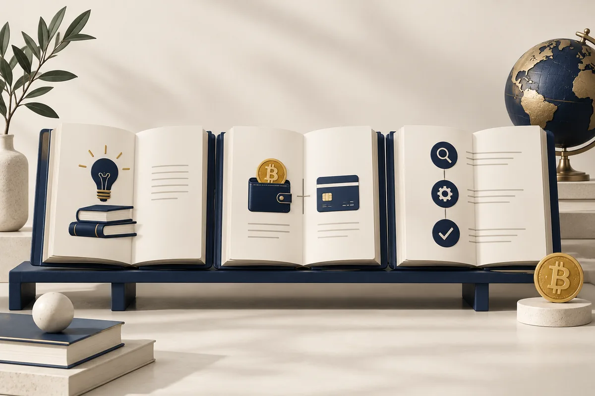 Conceptual illustration of three open books about Bitcoin basics, payment choices and purchase steps.