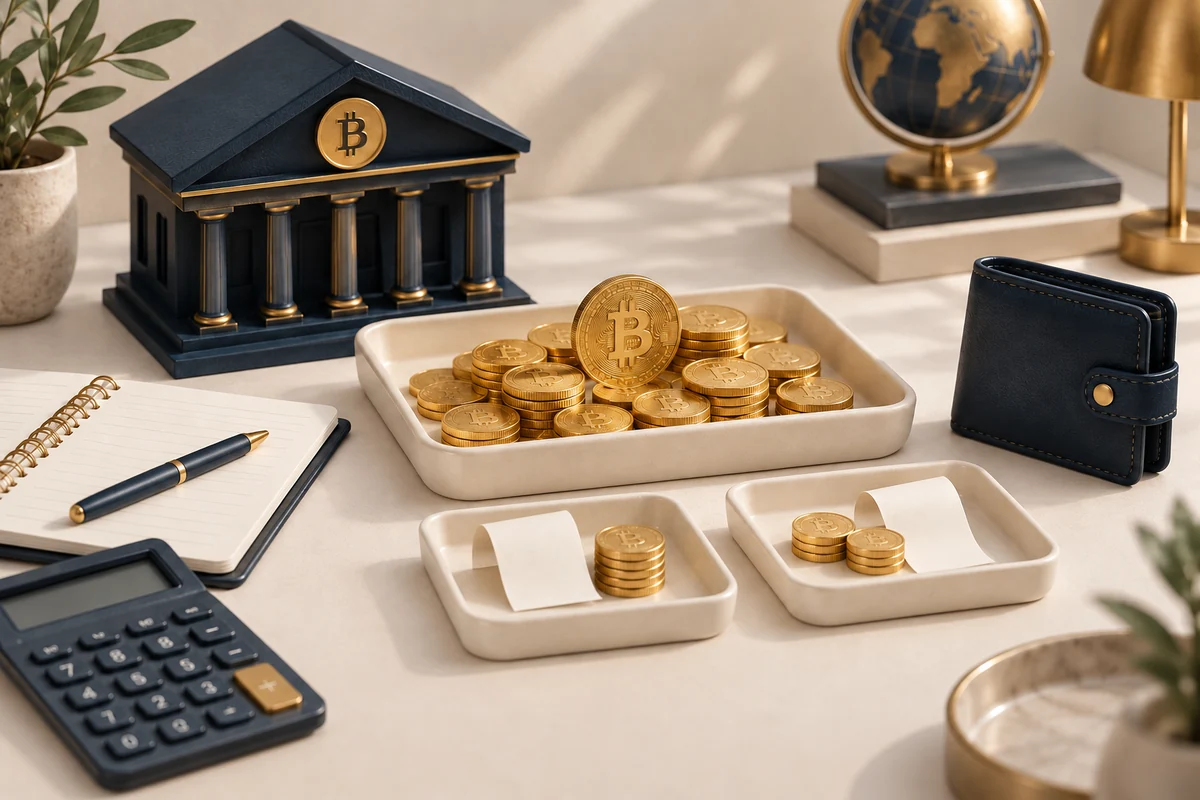Conceptual illustration of a bank, Bitcoin budget tray, two smaller fee trays and a wallet.