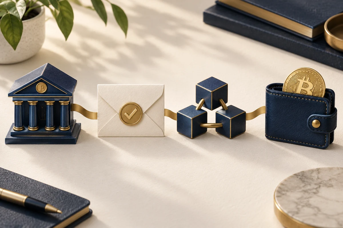 Conceptual illustration of bank funding, purchase approval, Bitcoin delivery and a receiving wallet.