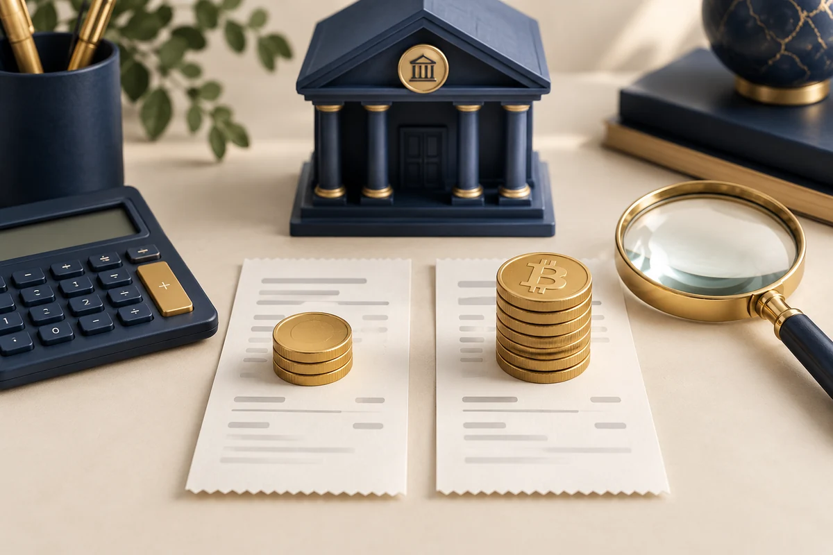 Conceptual illustration comparing a wire request and bank receipt beside a bank and Bitcoin wallet.