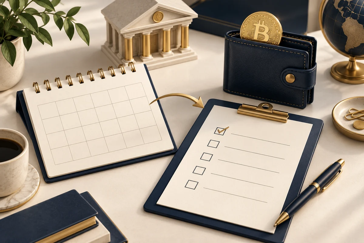 Conceptual illustration of two separate Bitcoin purchase folders, a checklist, bank and wallet.