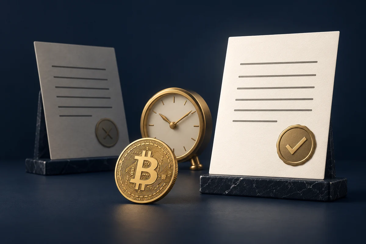 Two quotation documents and a clock illustrate reviewing a replacement Bitcoin quote.