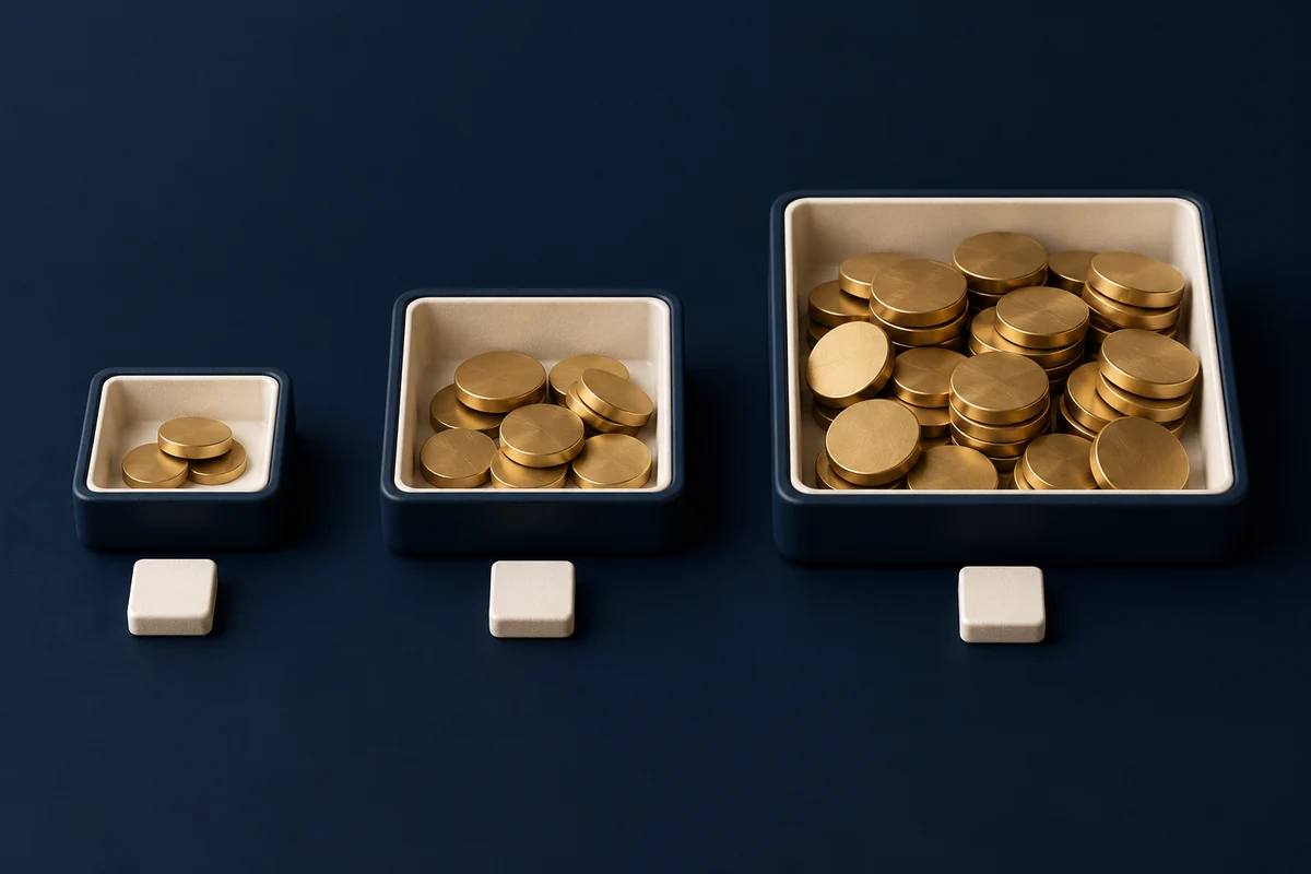 Three trays of different sizes each sit beside one identical fee tile, illustrating proportional costs.