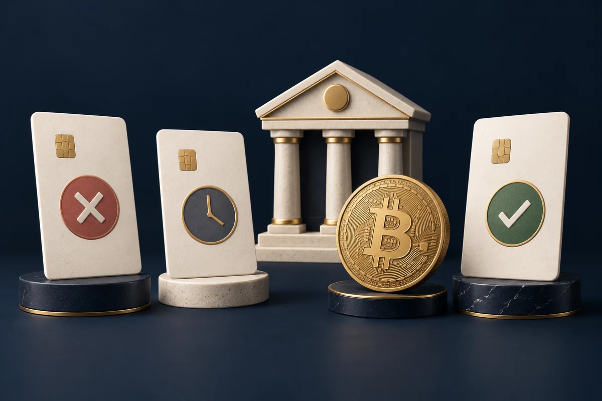 Three payment cards show declined, pending and completed states beside a bank and Bitcoin coin.