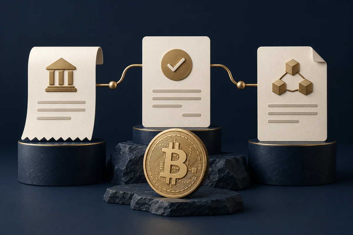 A bank receipt, purchase confirmation and blockchain record illustrate three different payment stages.