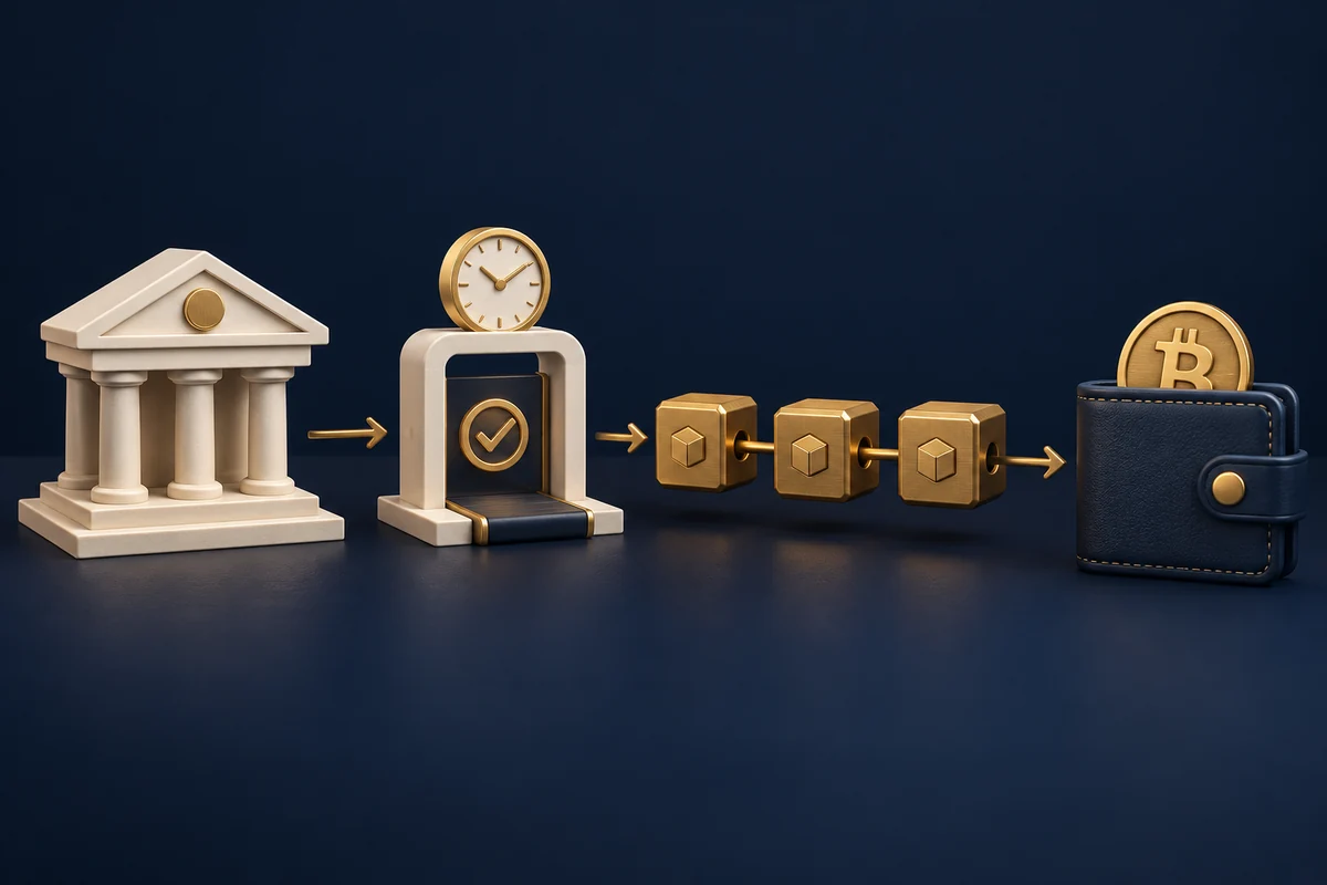 A bank and review gate precede blockchain blocks and a wallet, separating processing from network delivery.