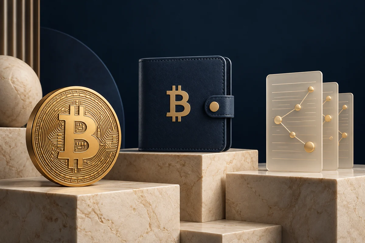 Conceptual illustration of a Bitcoin medallion, a wallet and connected ledger cards on ivory plinths.