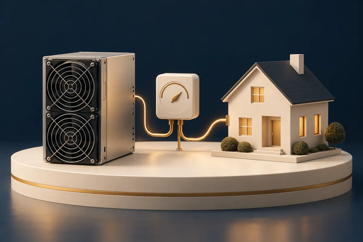 Conceptual illustration of an unbranded mining computer, electricity meter and model home on an ivory plinth.