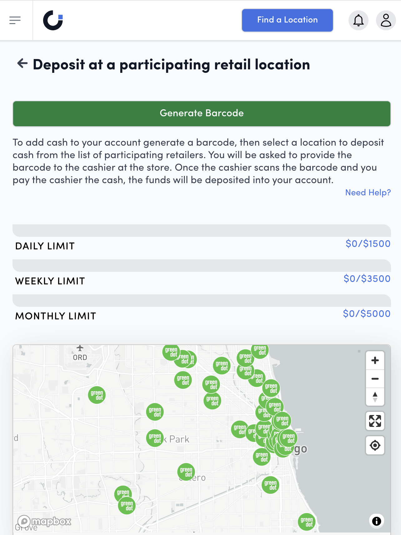 Screenshot of the CDReload app feature for depositing at participating retail locations. The screen displays a 'Generate Barcode' button for adding cash to a user account, a map with multiple Green Dot Bank logo markers indicating various retail locations, and a panel showing daily, weekly, and monthly cash deposit limits.