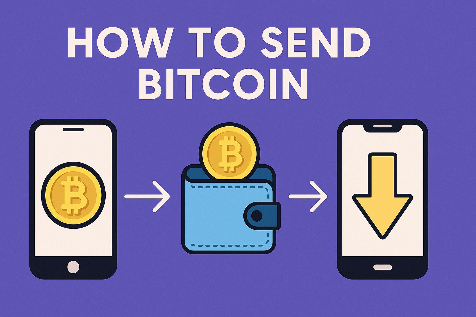Illustration showing the process of sending Bitcoin from one phone to another through a digital wallet.