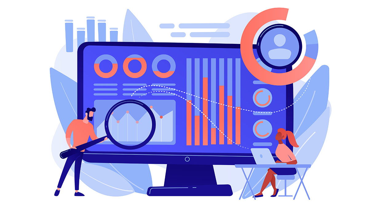 Illustration d'un énorme ordinateur avec différents graphiques qui représente la Datavisualisation et deux personne en illustration au premier plan 