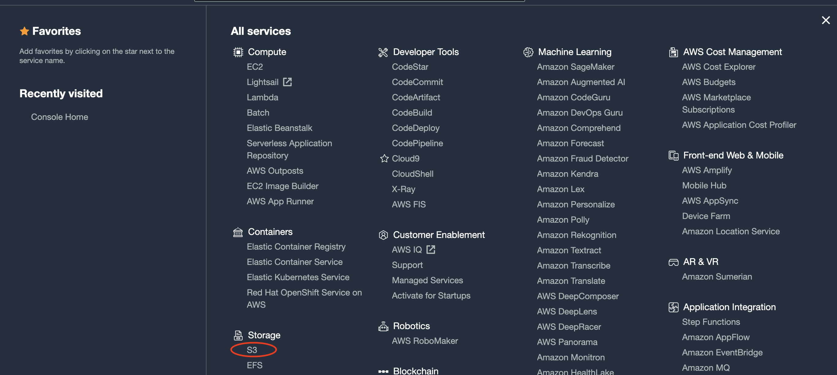 find S3 from AWS console 