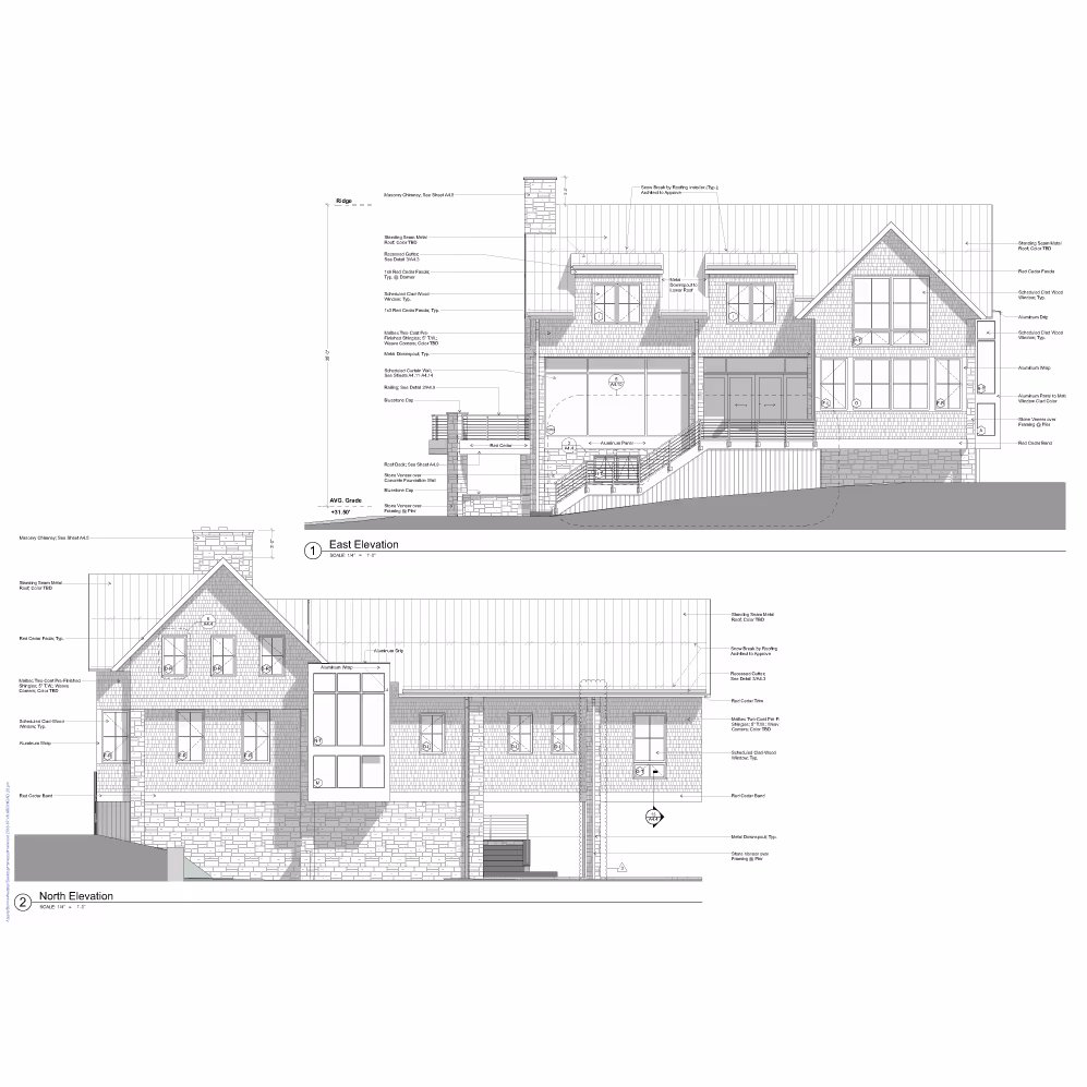 Architectural drawing showing east and north elevations of a multi-level residential building with detailed annotations on materials, windows, roof, and structural elements. The east elevation features dormer windows, a chimney, large central windows, and a staircase with railings. The north elevation includes multiple windows, a stone base, and a cantilevered glass section. Both elevations include measurements and material callouts like stone, wood, and metal roof components.