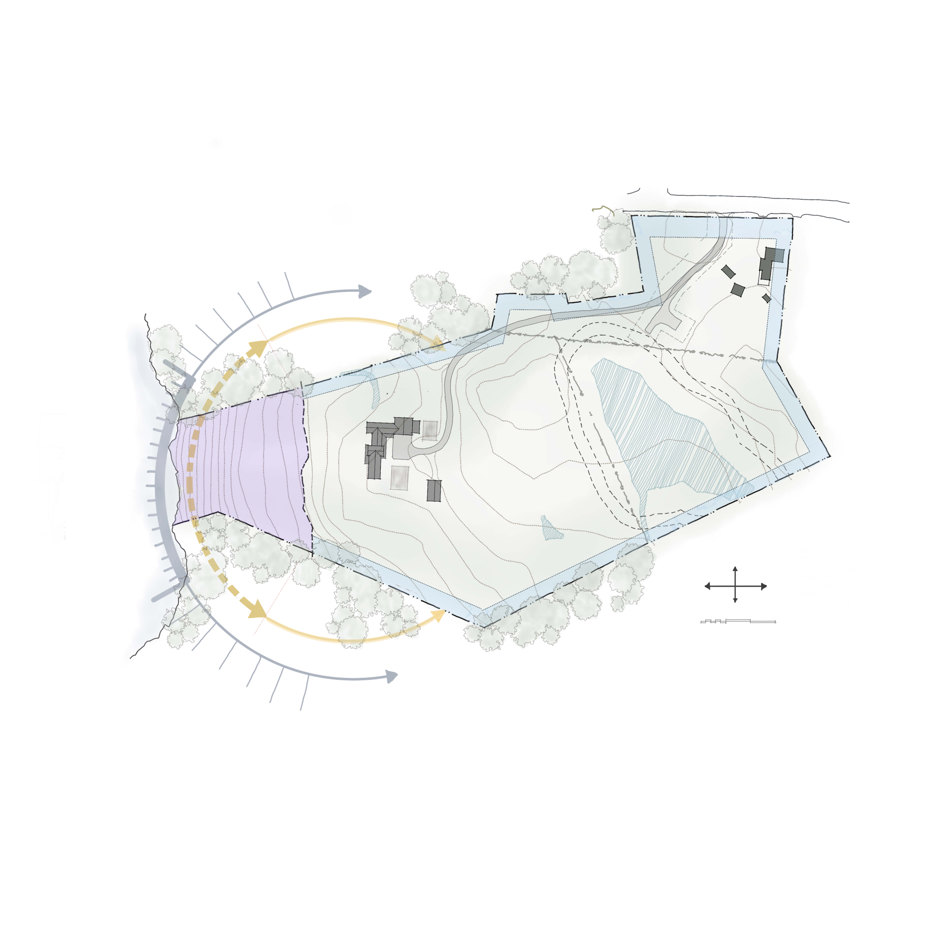 Architectural site plan sketch showing a property layout with buildings, trees, contour lines, a pond, pathways, and directional arrows indicating flow or views; the site is outlined in blue with a shaded purple area on the left, featuring various dashed and solid lines representing boundaries and terrain changes.