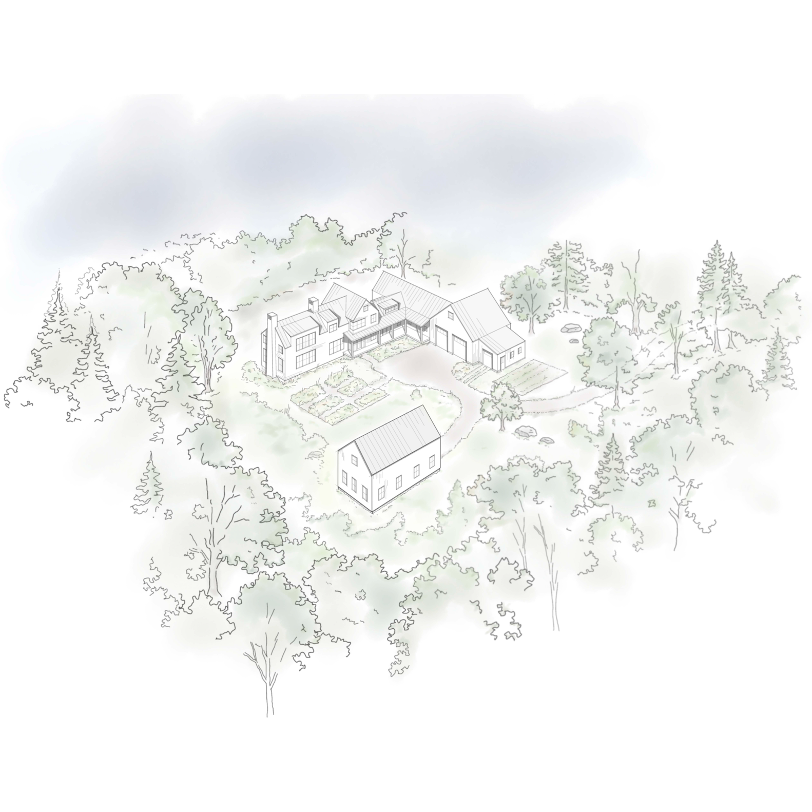 Hand-drawn architectural sketch of a house complex with a main two-story building, a garage, and a smaller building, surrounded by trees and garden plots, under a cloudy sky.