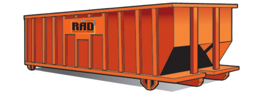 Orange construction dumpster with RAD Curbside logo on the side.
