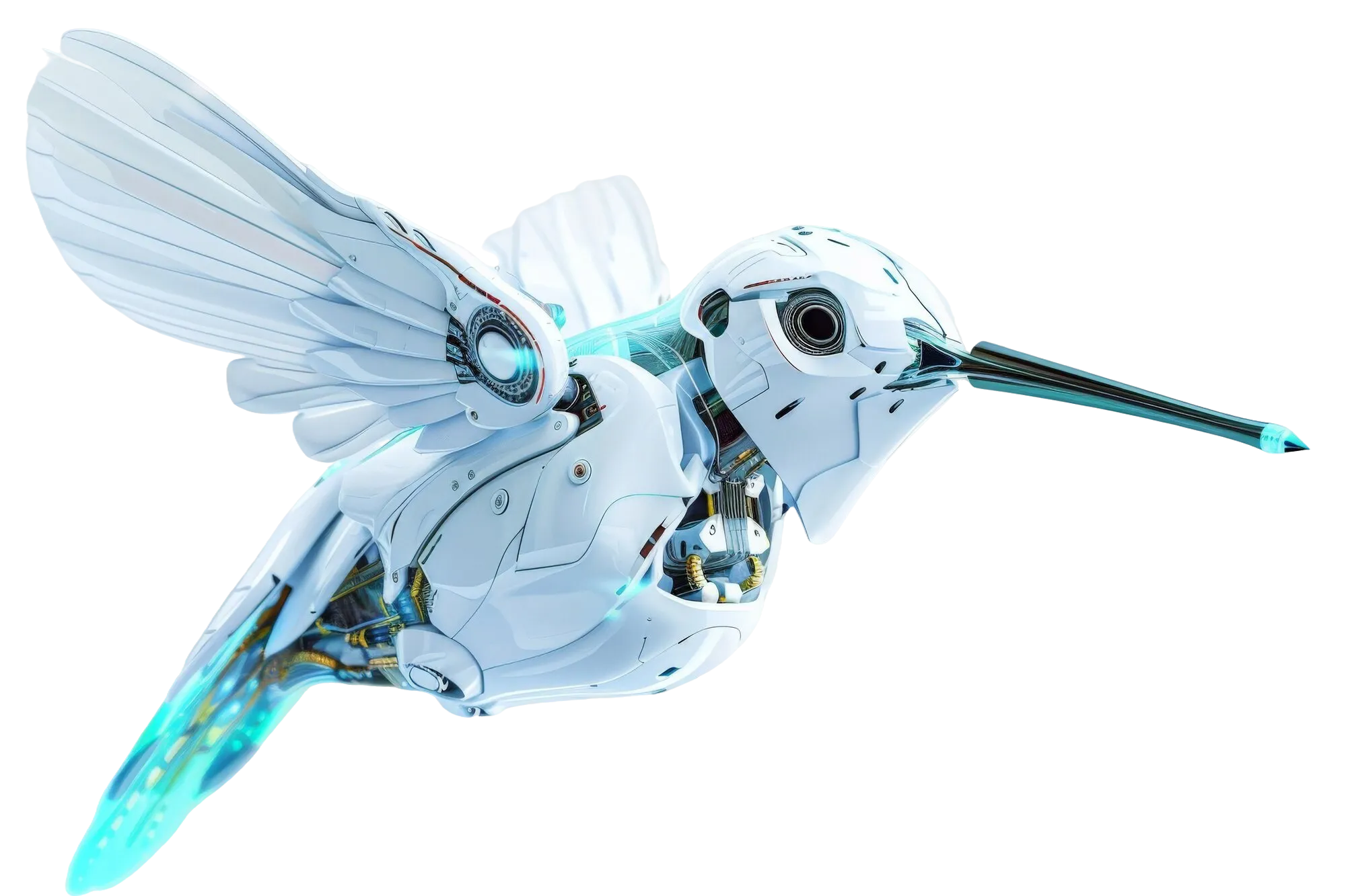 Futuristic robotic hummingbird with white metallic body and glowing blue accents in flight.