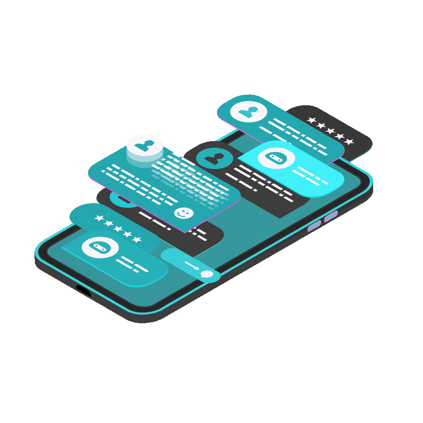 Illustration of a smartphone displaying multiple layered chat bubbles with user icons, text lines, a smiley face, and star ratings.