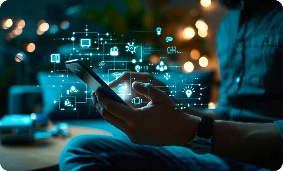 Person holding a smartphone with digital technology icons floating above the screen in a dimly lit room.