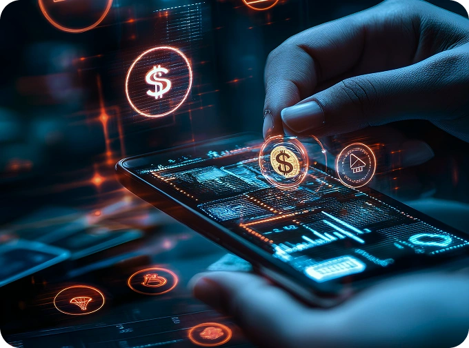 Hand interacting with a smartphone displaying digital financial data and floating glowing cryptocurrency and dollar icons.