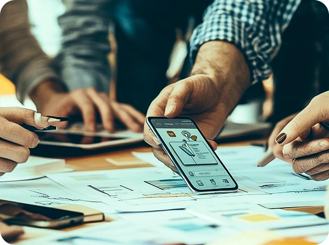 People collaborating over a table with documents and a person holding a smartphone displaying a design interface.