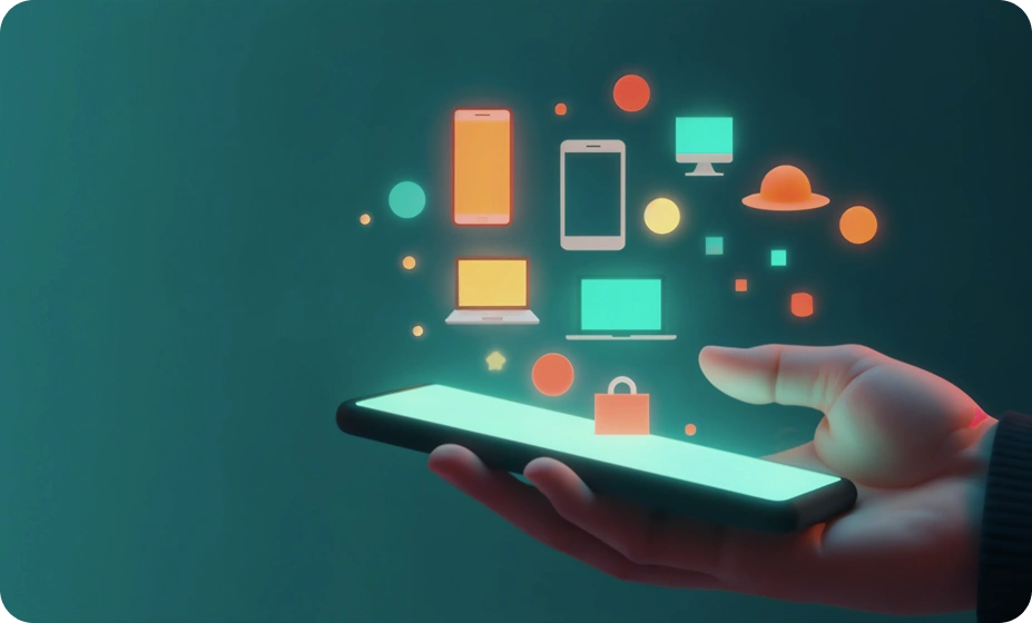 Hand holding a smartphone with glowing icons representing various digital devices and shopping items floating above it.