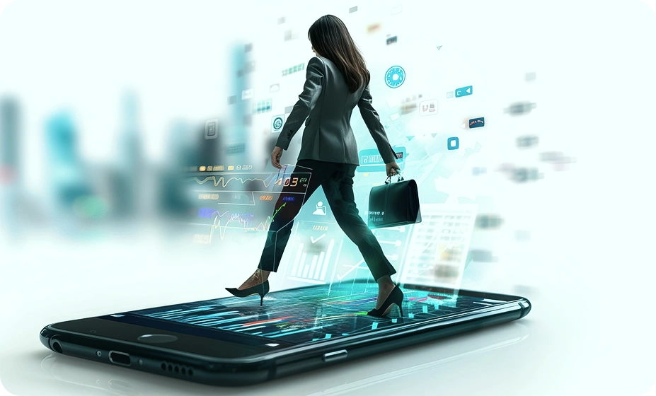 Businesswoman with briefcase walking on a giant smartphone displaying digital charts and icons.