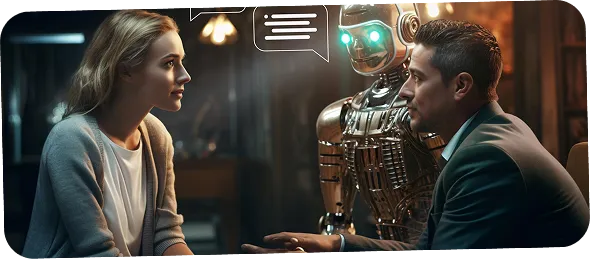 People interacting with a robot to illustrate conversational AI and prompt guardrails