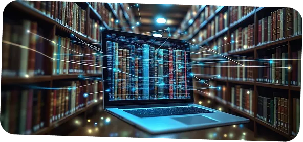 Laptop showing digital library to represent domain-specific prompt engineering libraries