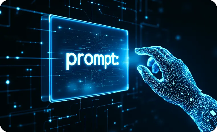 A digital hand interacting with a 'prompt' button, highlighting prompt engineering services.