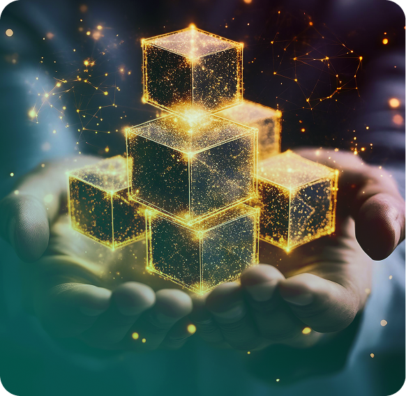 Hands holding glowing blockchain cubes symbolizing ROI from blockchain services.