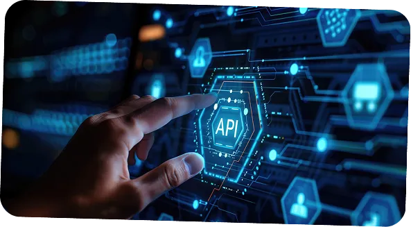 Hand interacting with a digital API interface representing system integration and automation.