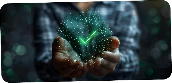 Hands holding a glowing digital security checkmark symbol representing blockchain testing.