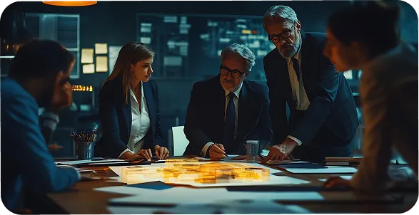 Team analyzing blockchain strategy with a glowing digital network model