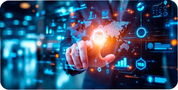 Hand interacting with a digital operations dashboard representing global managed monitoring.