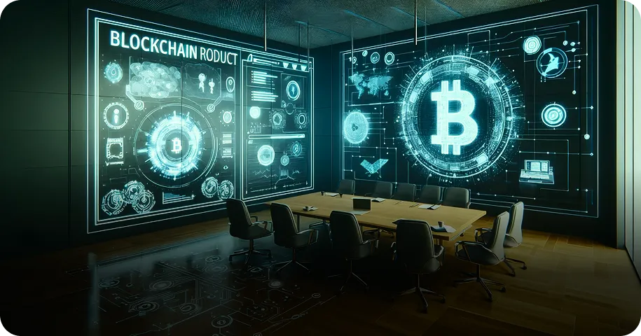 Conference room with digital blockchain displays showing business impact stats.