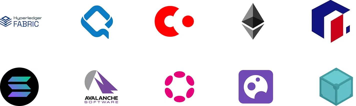 Blockchain development tool icons showing frameworks used to build decentralized solutions.